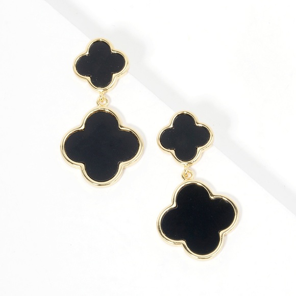 QUATREFOIL BLACK  DOUBLE LINK EARRINGS - Picture 1 of 3